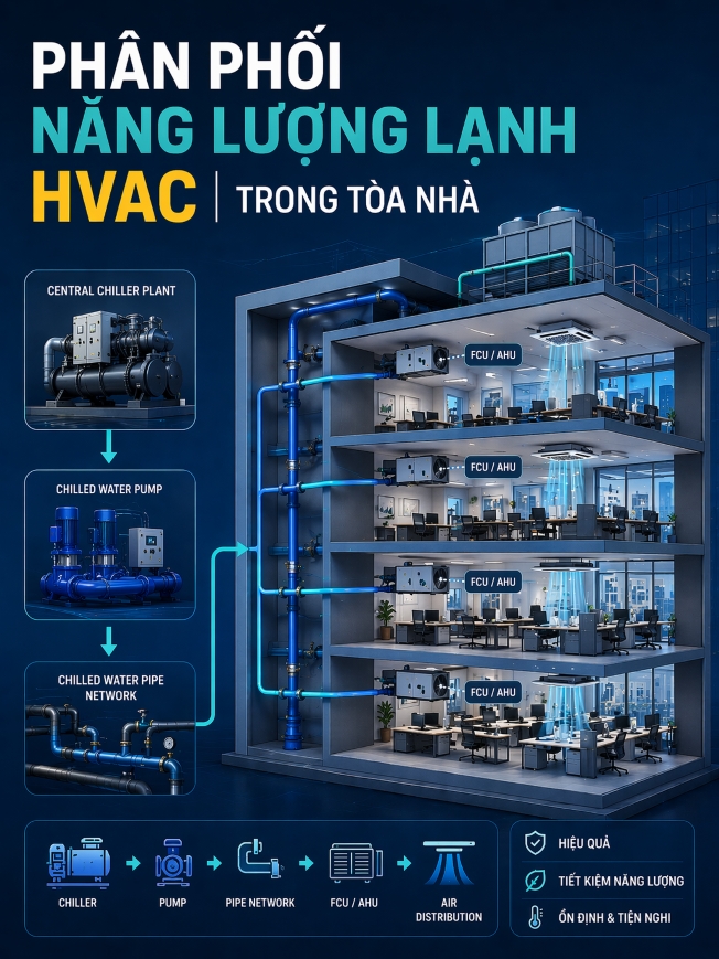 Phân phối năng lượng lạnh HVAC hiệu quả trong tòa nhà hiện đại